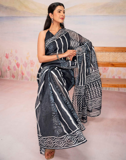Ready To Wear Navy Blue Linen Printed Saree