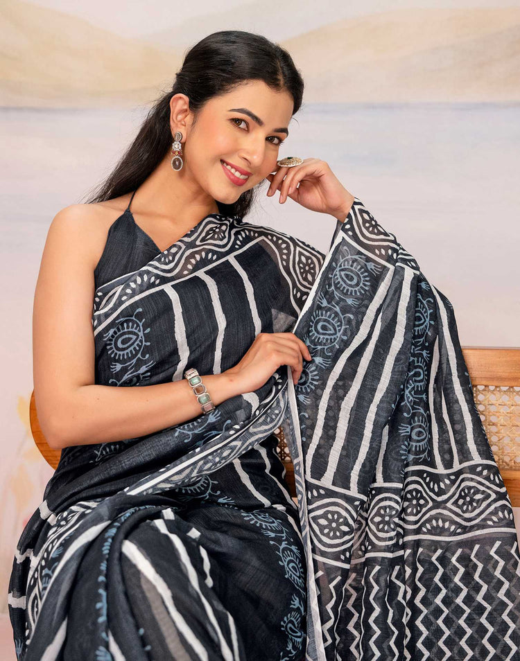 Ready To Wear Navy Blue Linen Printed Saree