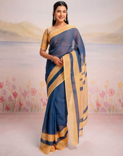 Ready To Wear Blue Linen Printed Saree