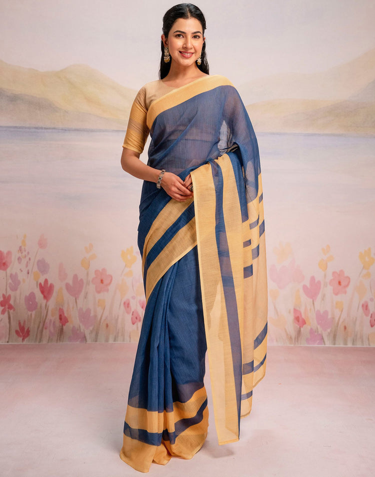 Ready To Wear Blue Linen Printed Saree