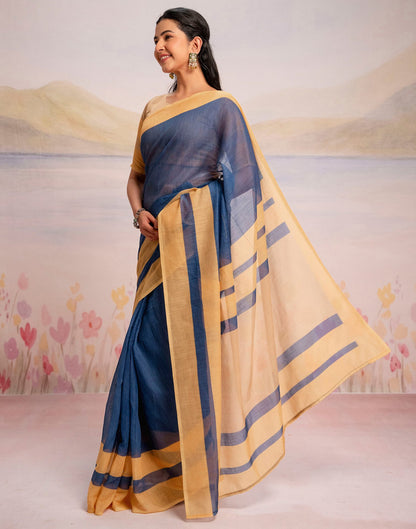 Ready To Wear Blue Linen Printed Saree