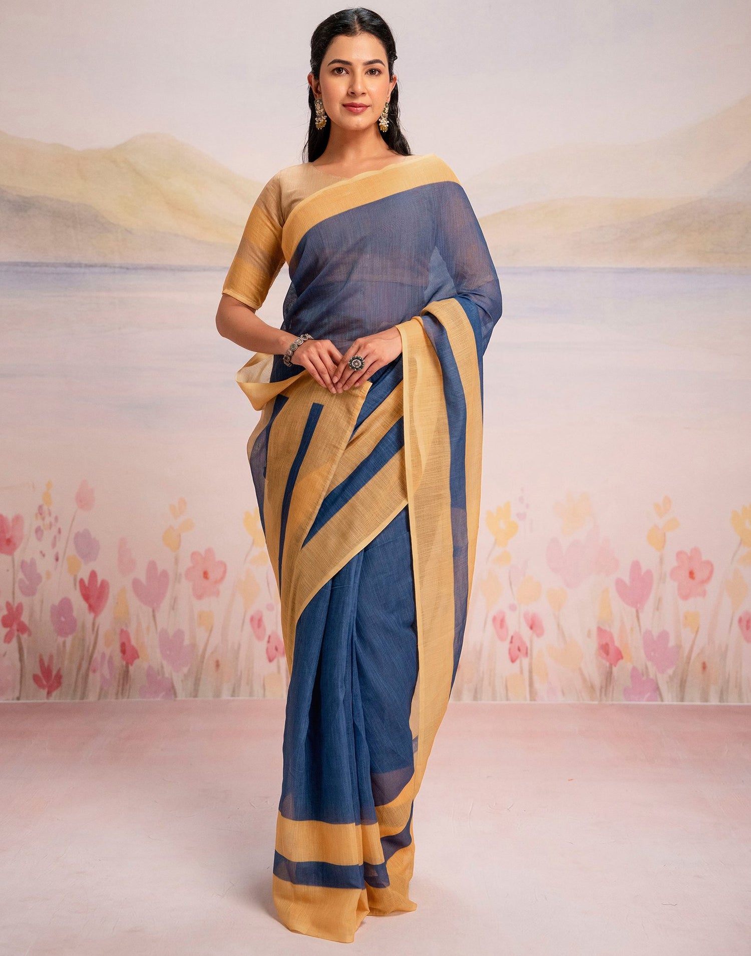 Ready To Wear Blue Linen Printed Saree