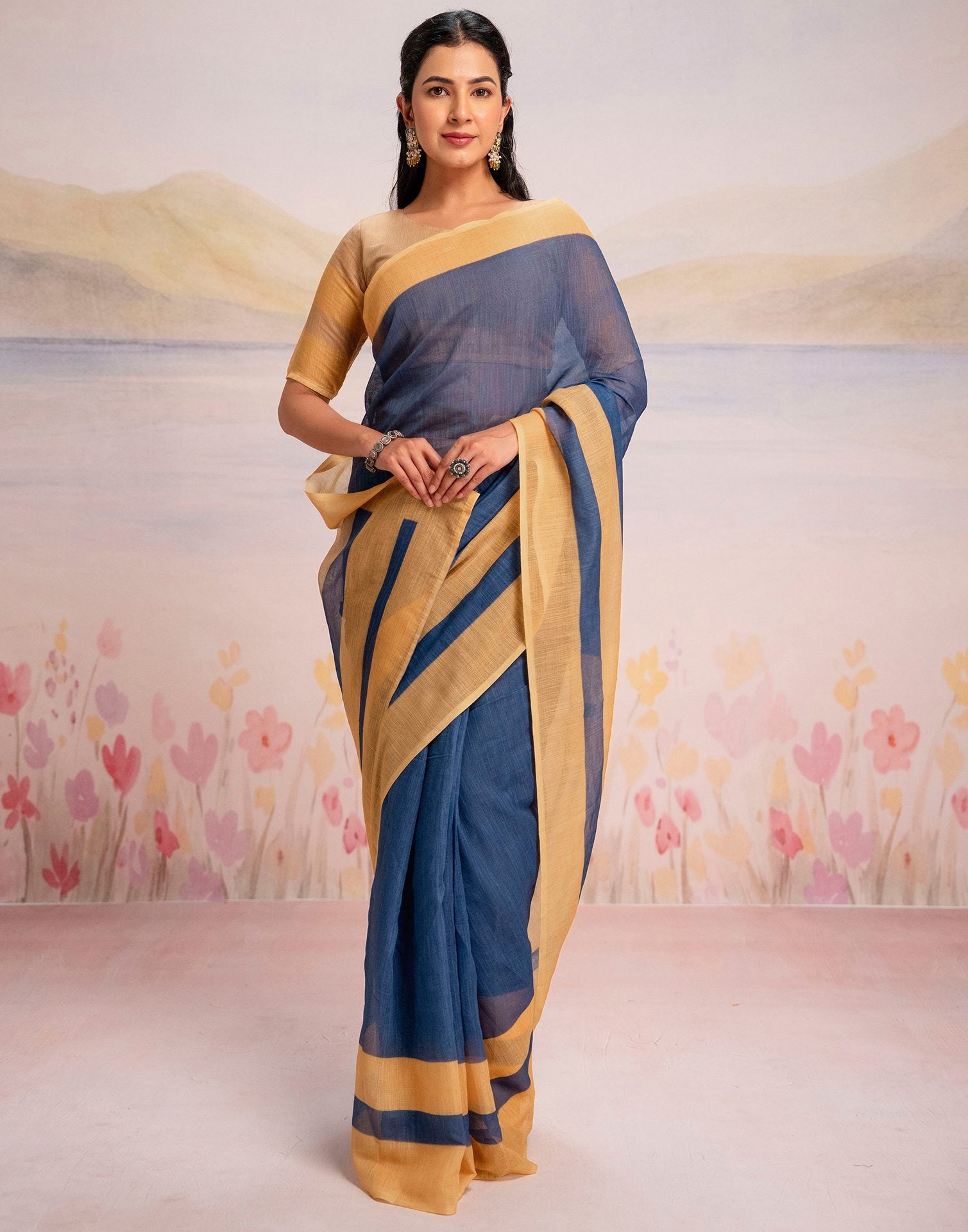 Ready To Wear Blue Linen Printed Saree