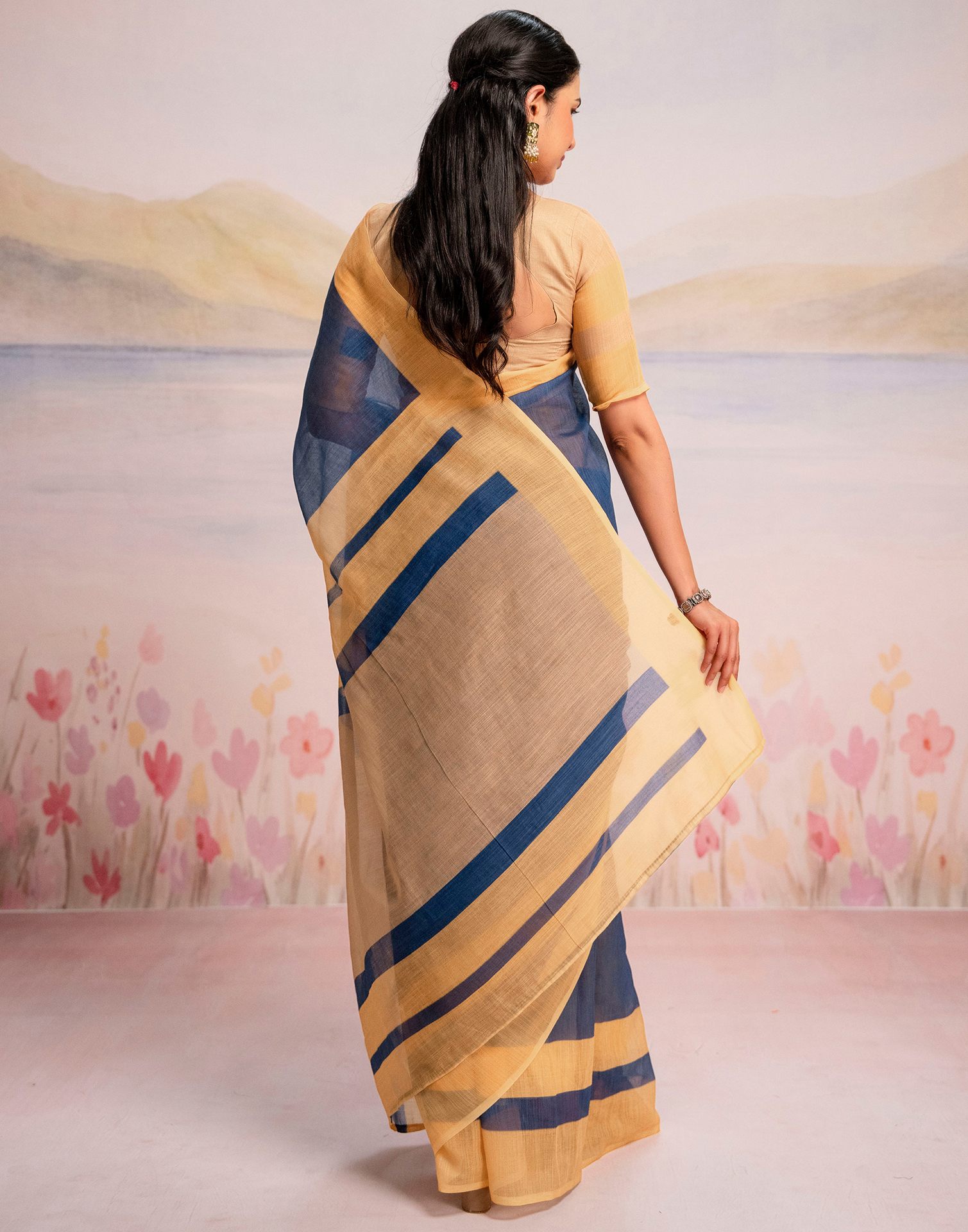 Ready To Wear Blue Linen Printed Saree