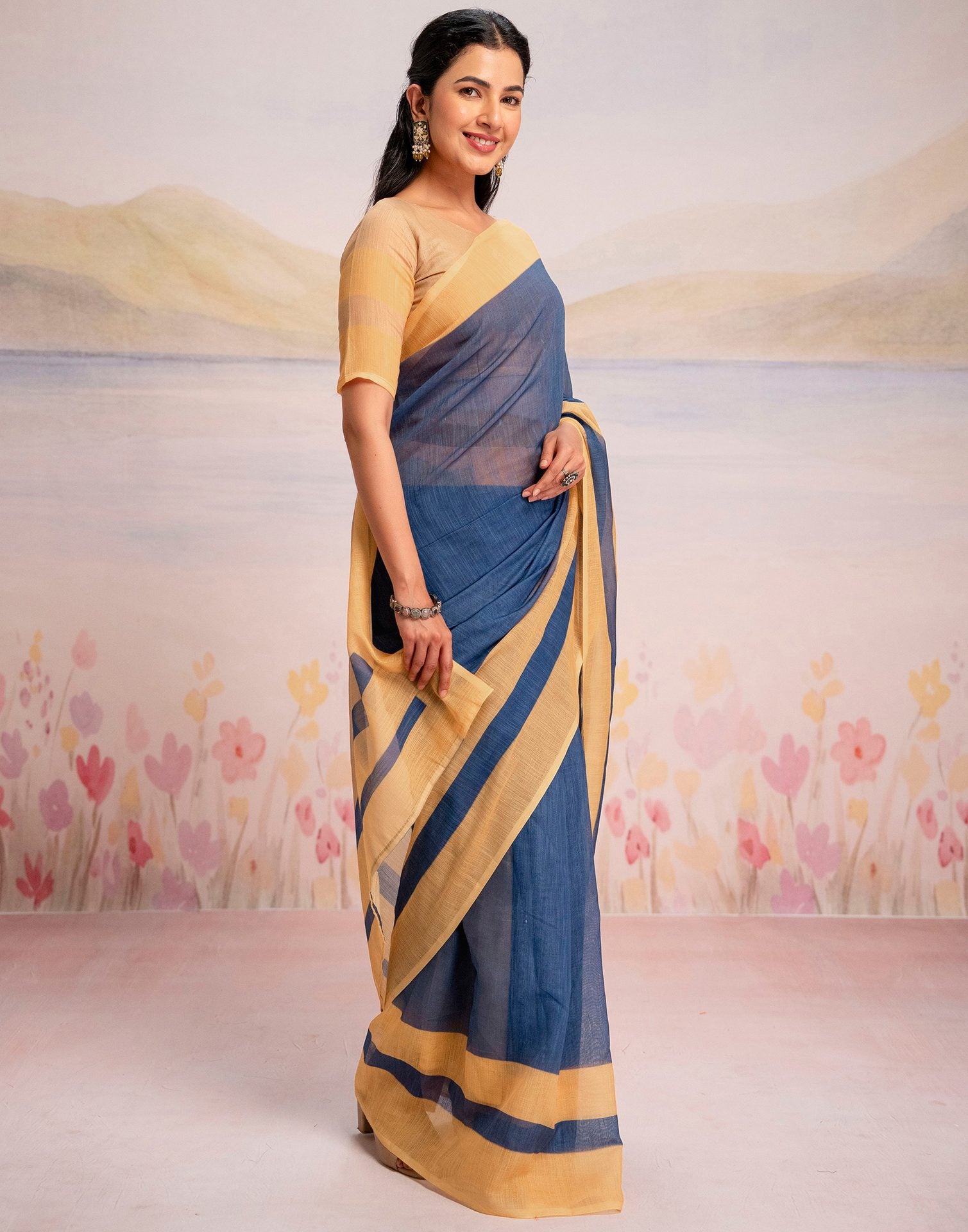 Ready To Wear Blue Linen Printed Saree