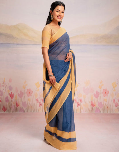 Ready To Wear Blue Linen Printed Saree