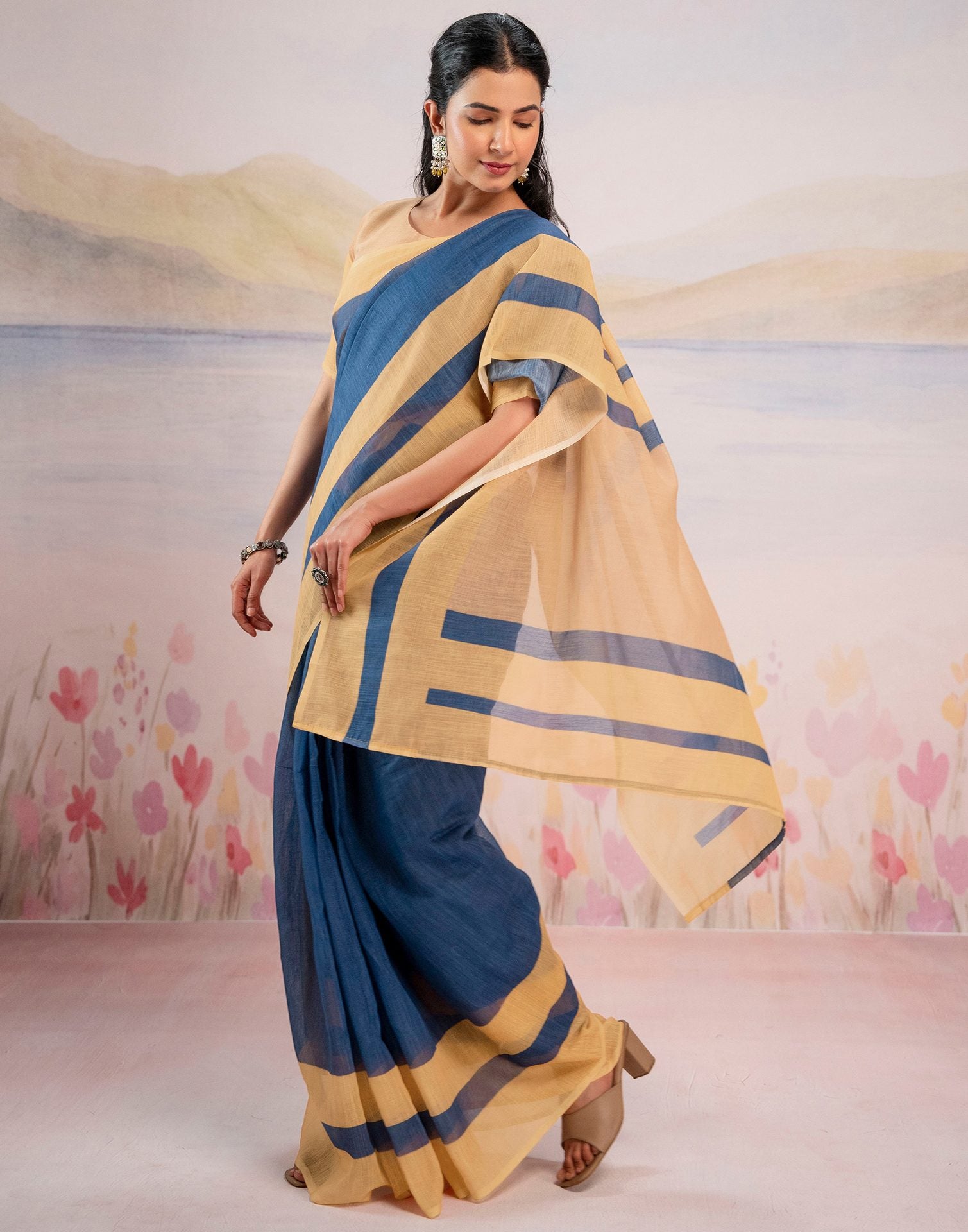 Ready To Wear Blue Linen Printed Saree