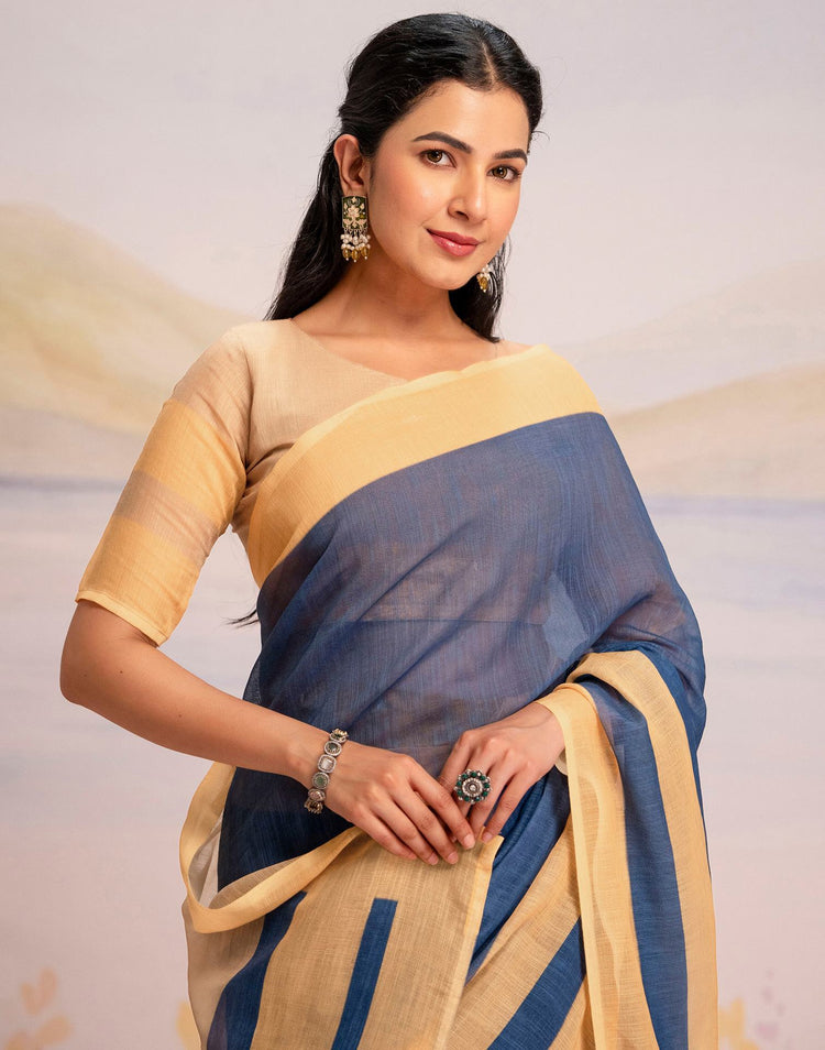 Ready To Wear Blue Linen Printed Saree