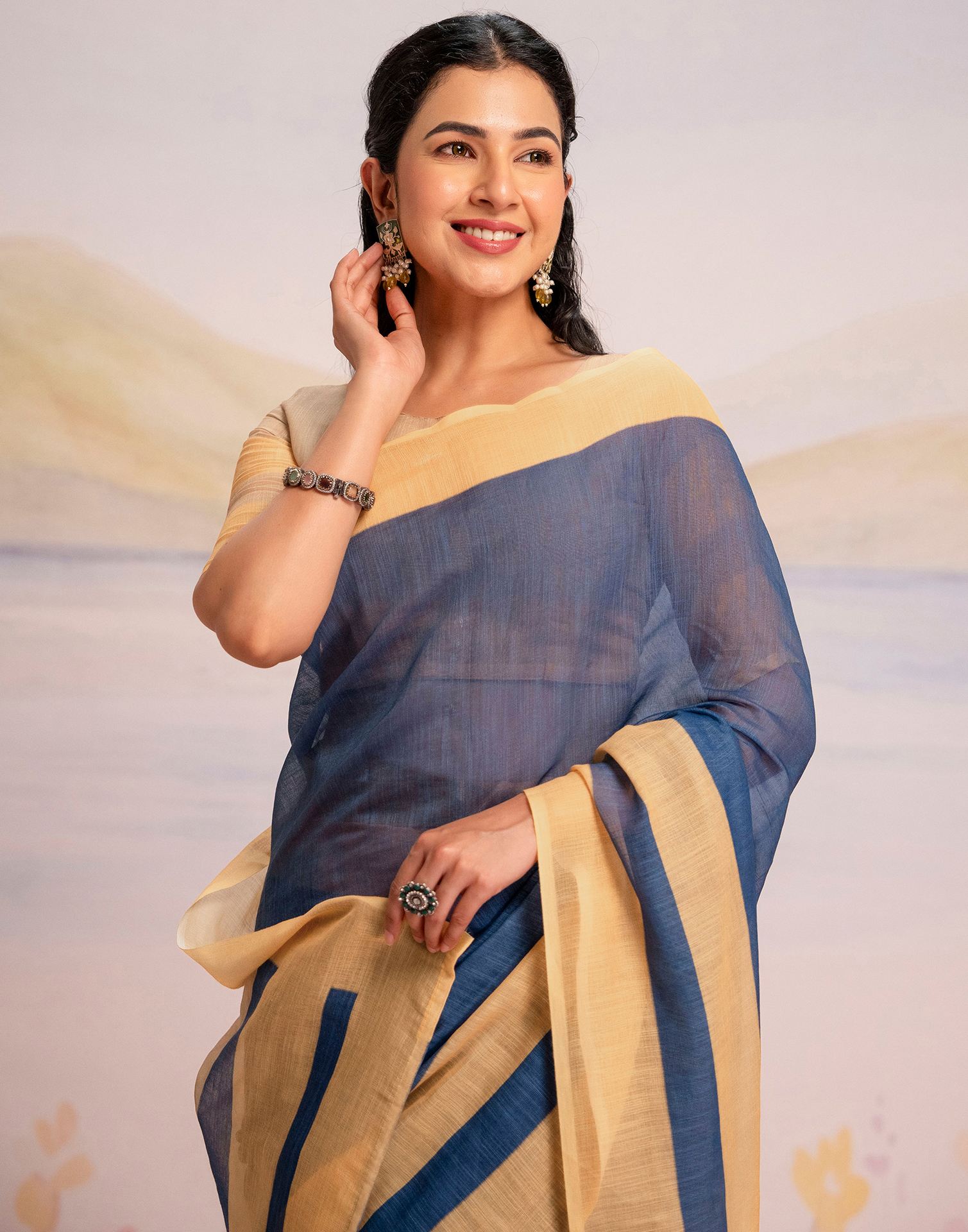 Ready To Wear Blue Linen Printed Saree