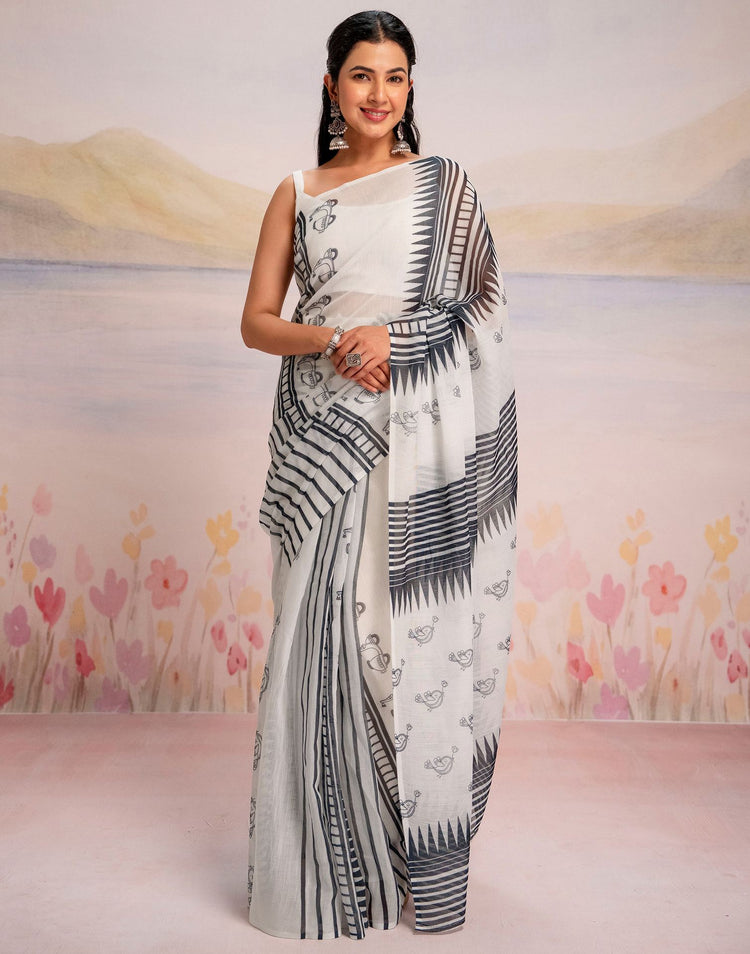 Ready To Wear White Linen Printed Saree
