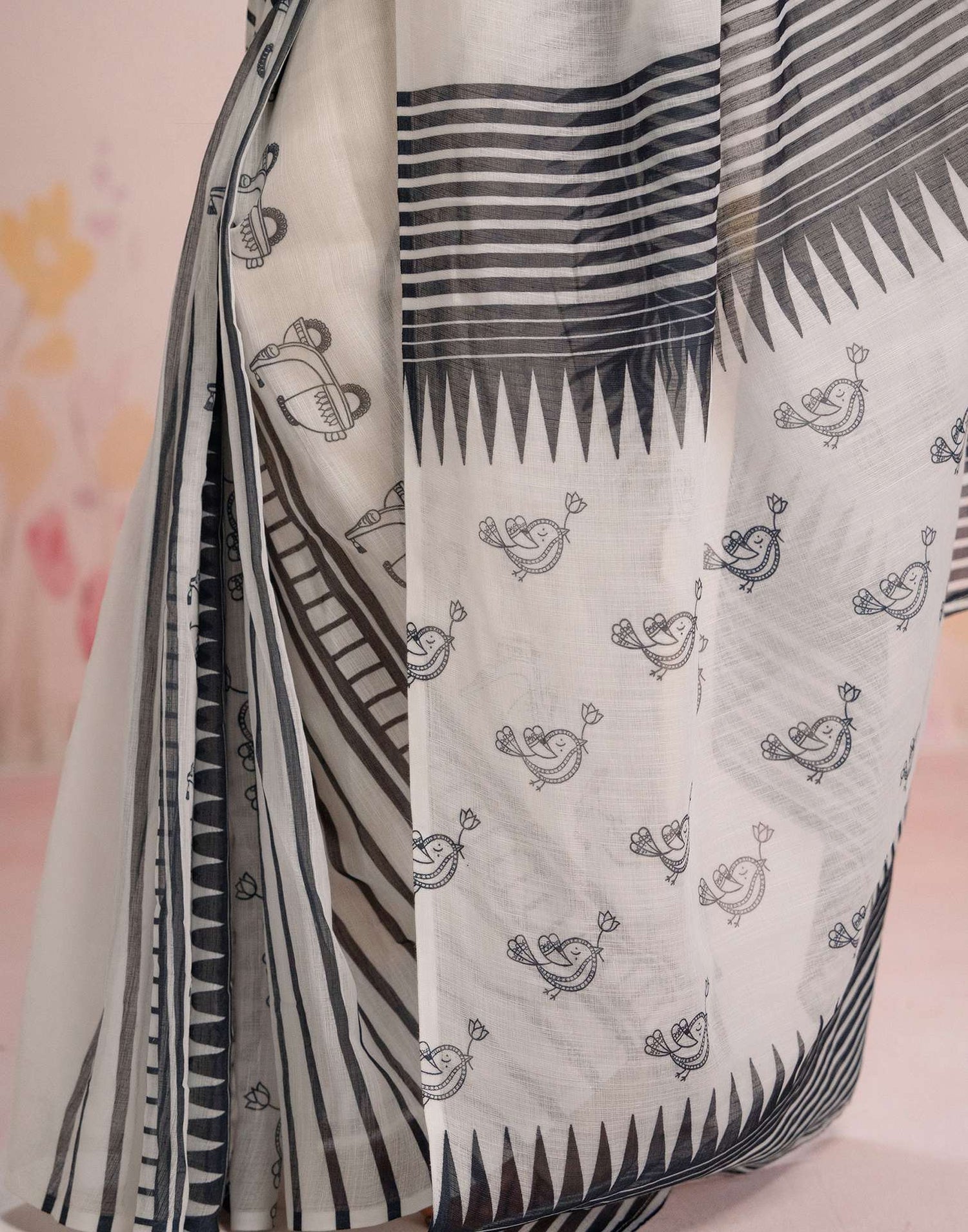 Ready To Wear White Linen Printed Saree