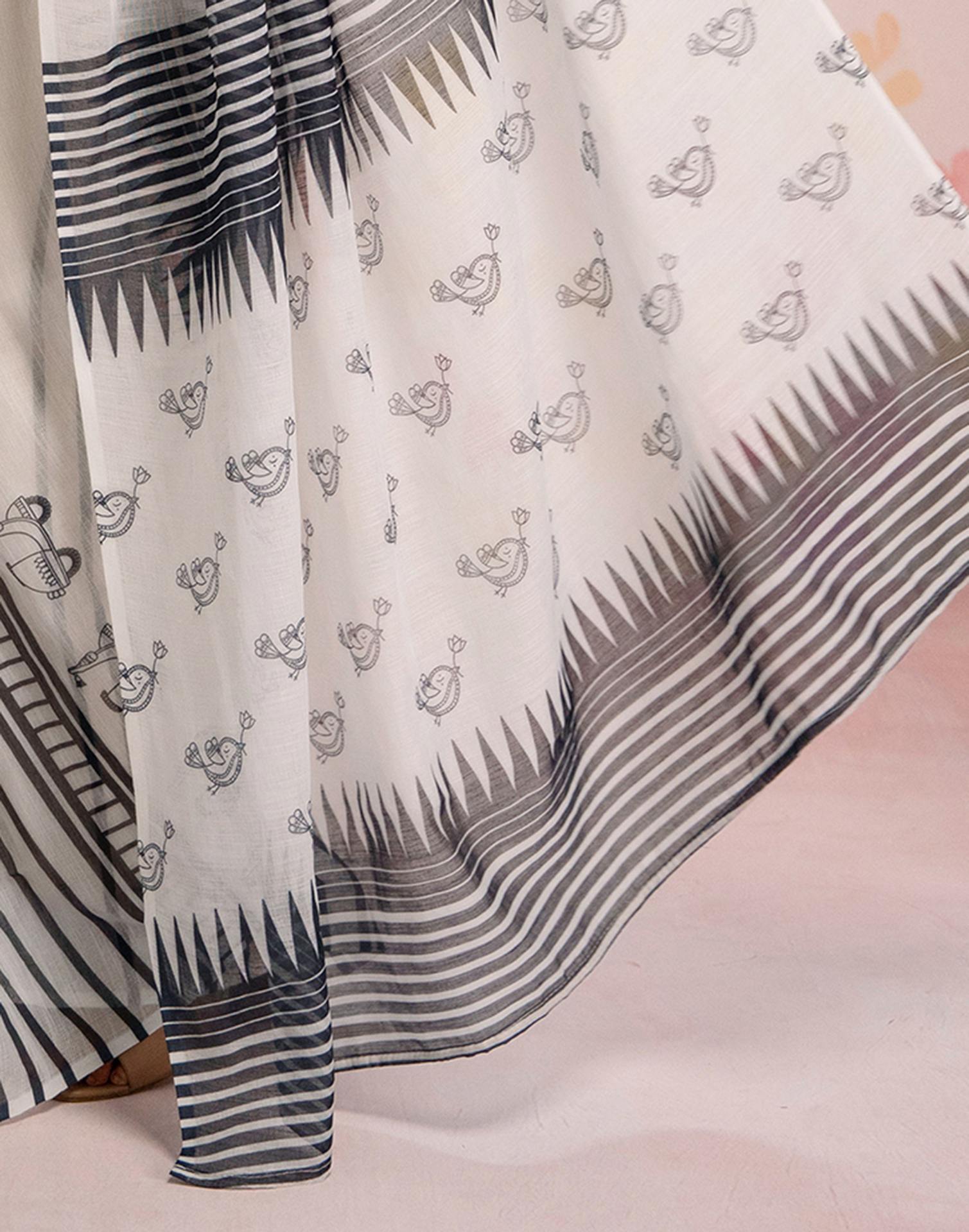 Ready To Wear White Linen Printed Saree