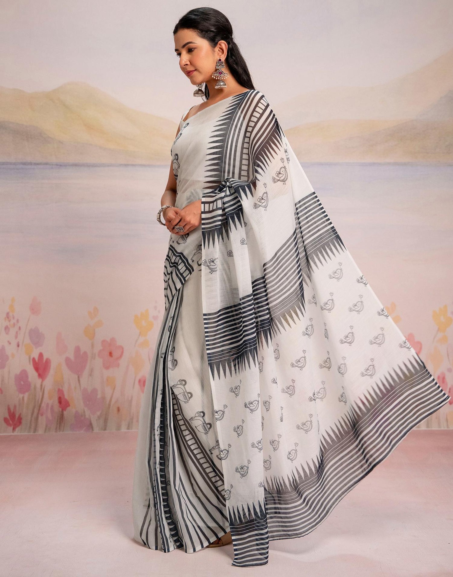 Ready To Wear White Linen Printed Saree