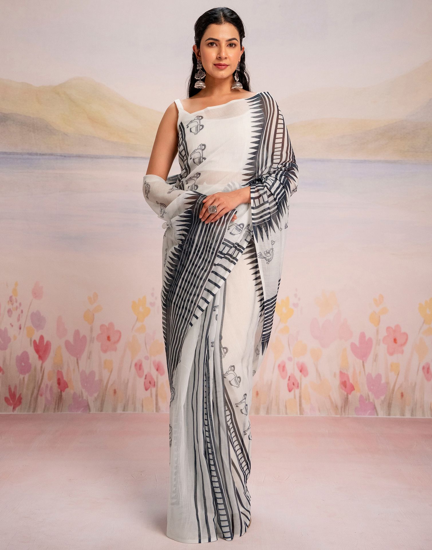 Ready To Wear White Linen Printed Saree