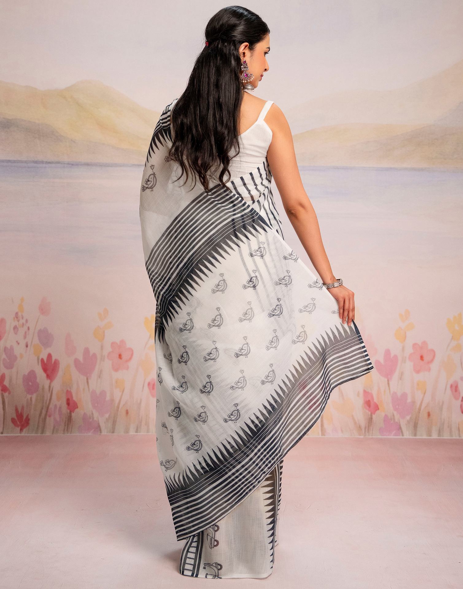 Ready To Wear White Linen Printed Saree