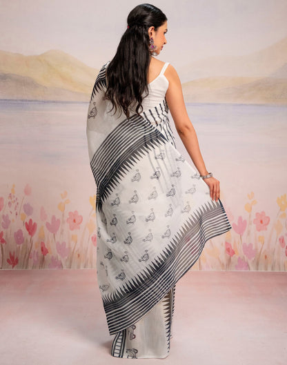 Ready To Wear White Linen Printed Saree