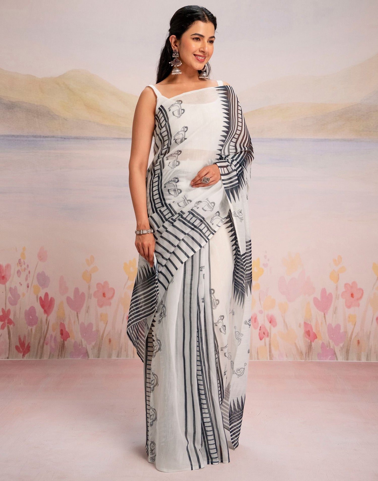 Ready To Wear White Linen Printed Saree