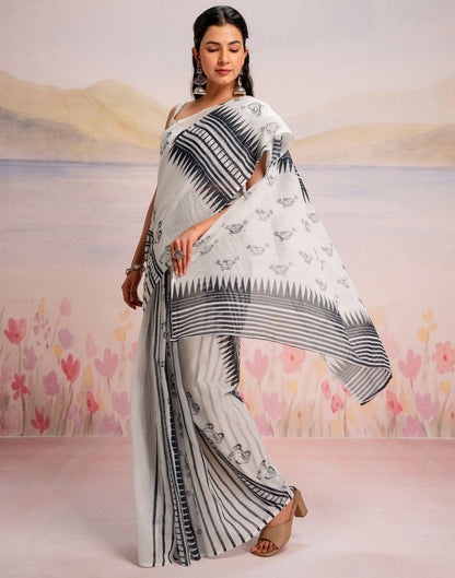 Ready To Wear White Linen Printed Saree