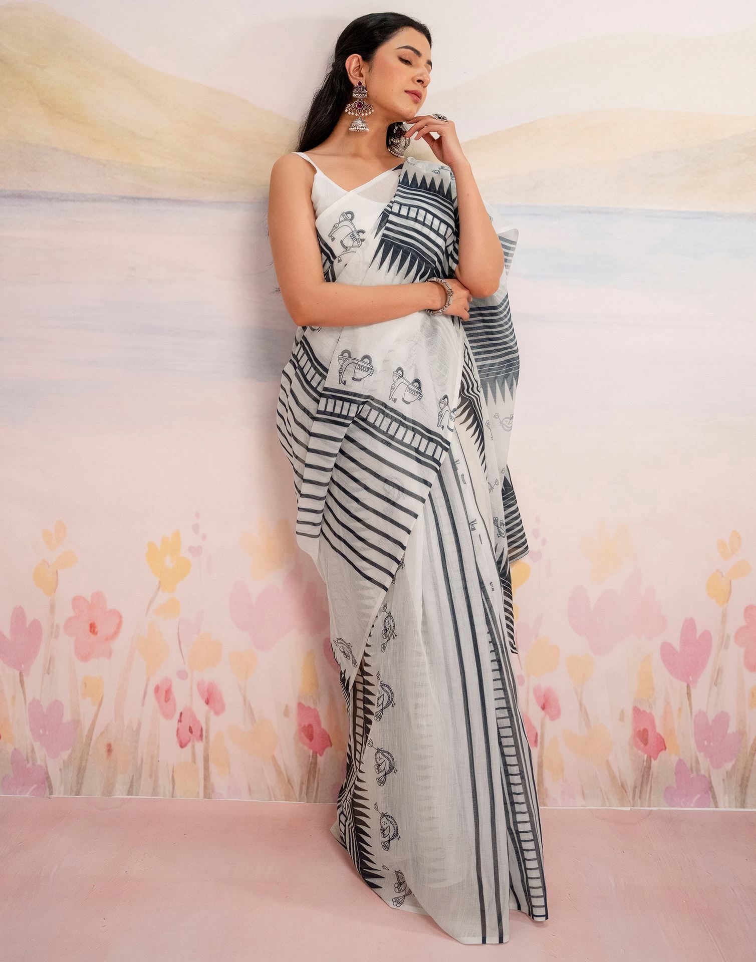 Ready To Wear White Linen Printed Saree