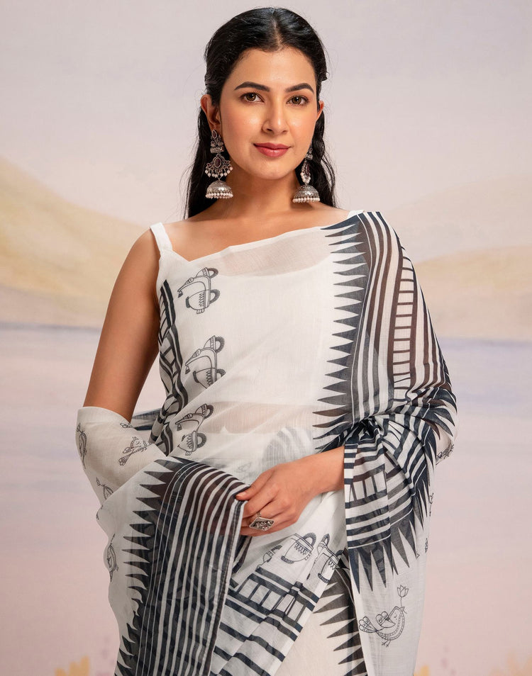 Ready To Wear White Linen Printed Saree