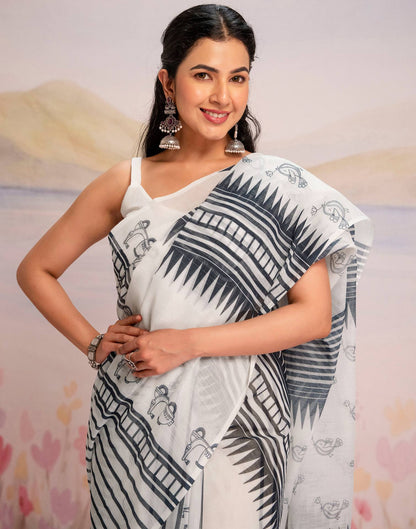 Ready To Wear White Linen Printed Saree