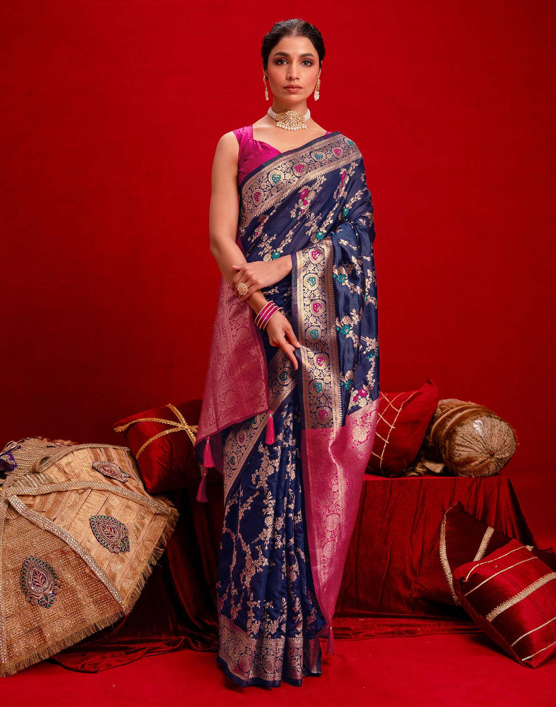 Navy Blue Silk Woven Banarasi Saree