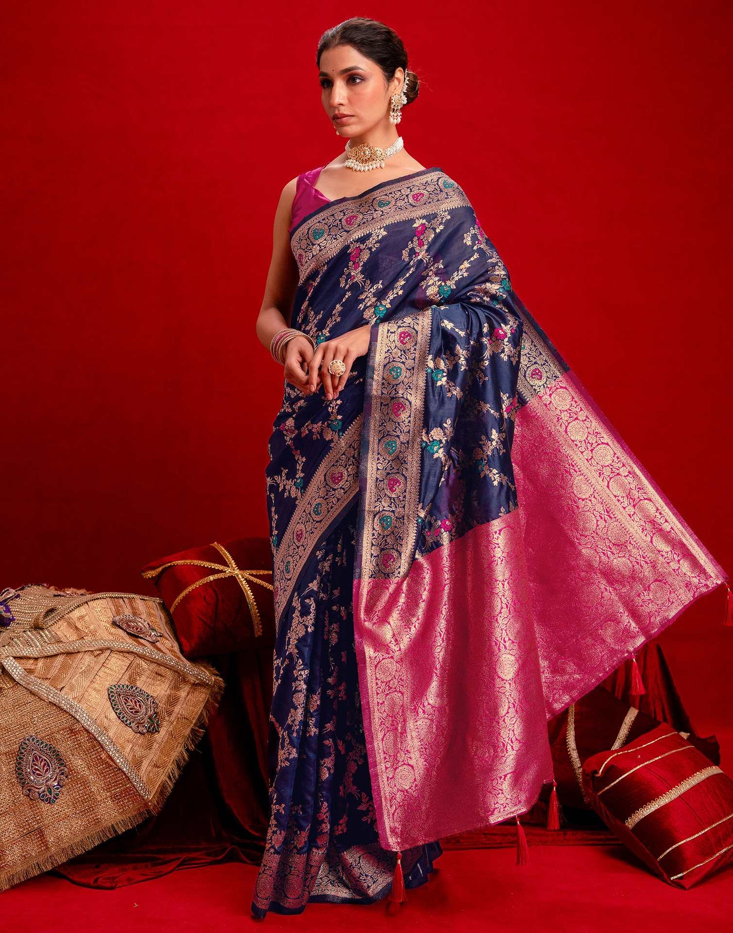 Navy Blue Silk Woven Banarasi Saree