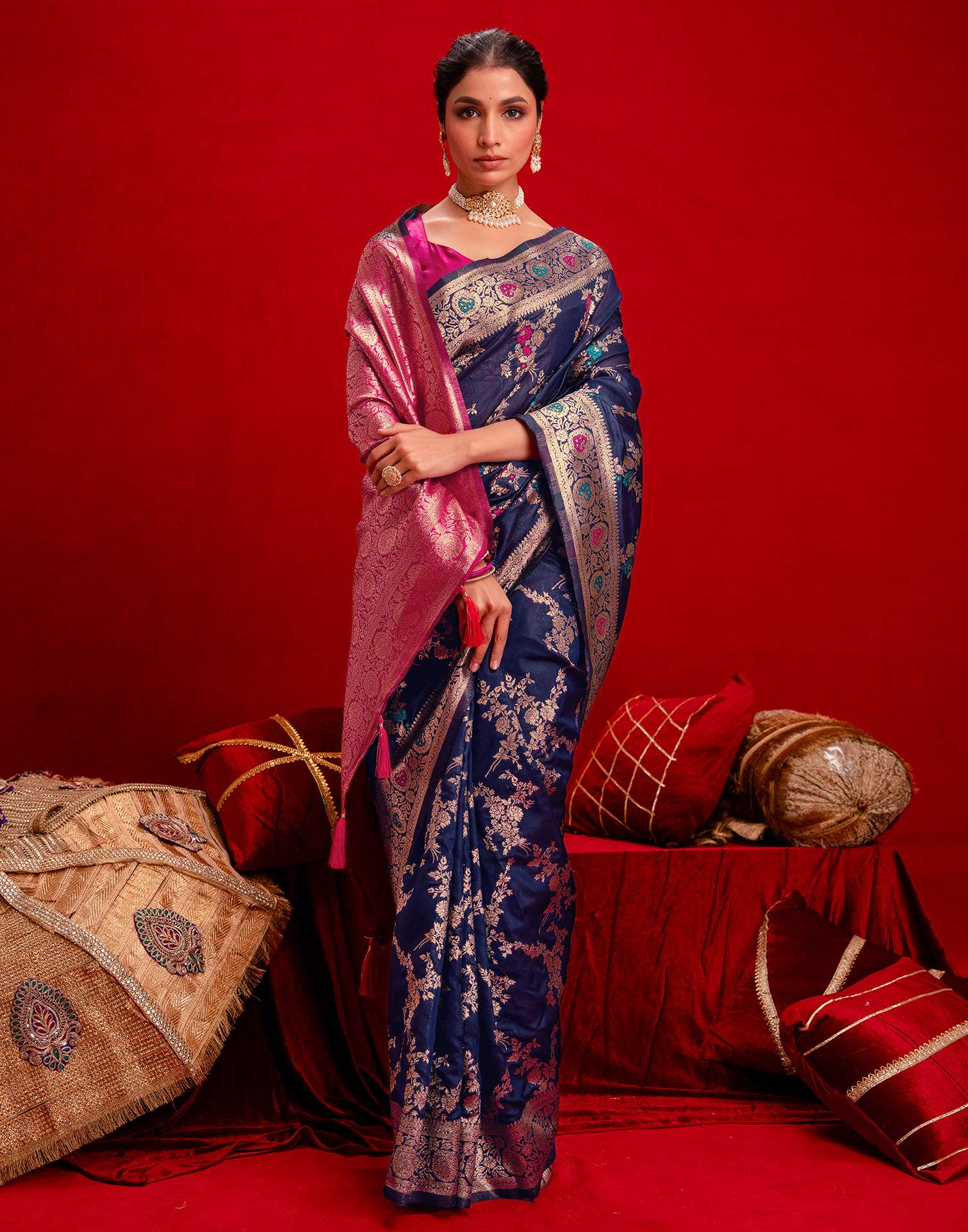Navy Blue Silk Woven Banarasi Saree
