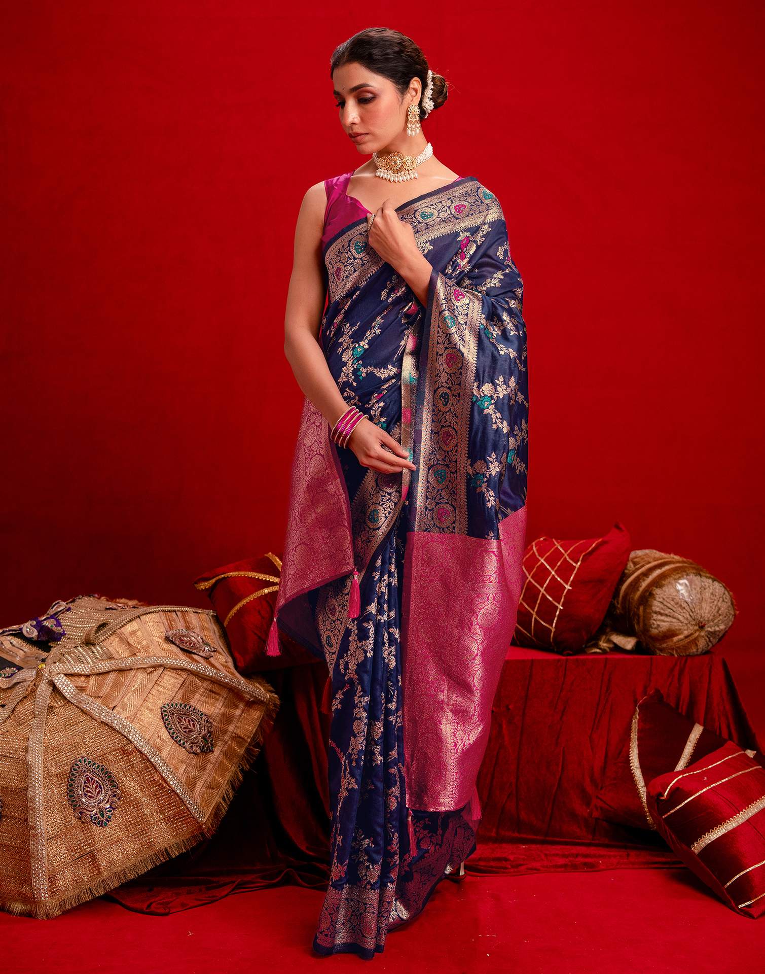 Navy Blue Silk Woven Banarasi Saree