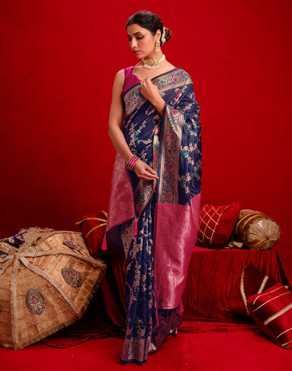 Navy Blue Silk Woven Banarasi Saree