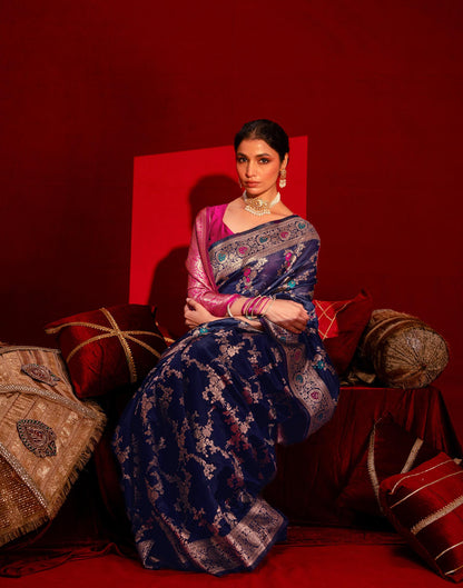 Navy Blue Silk Woven Banarasi Saree