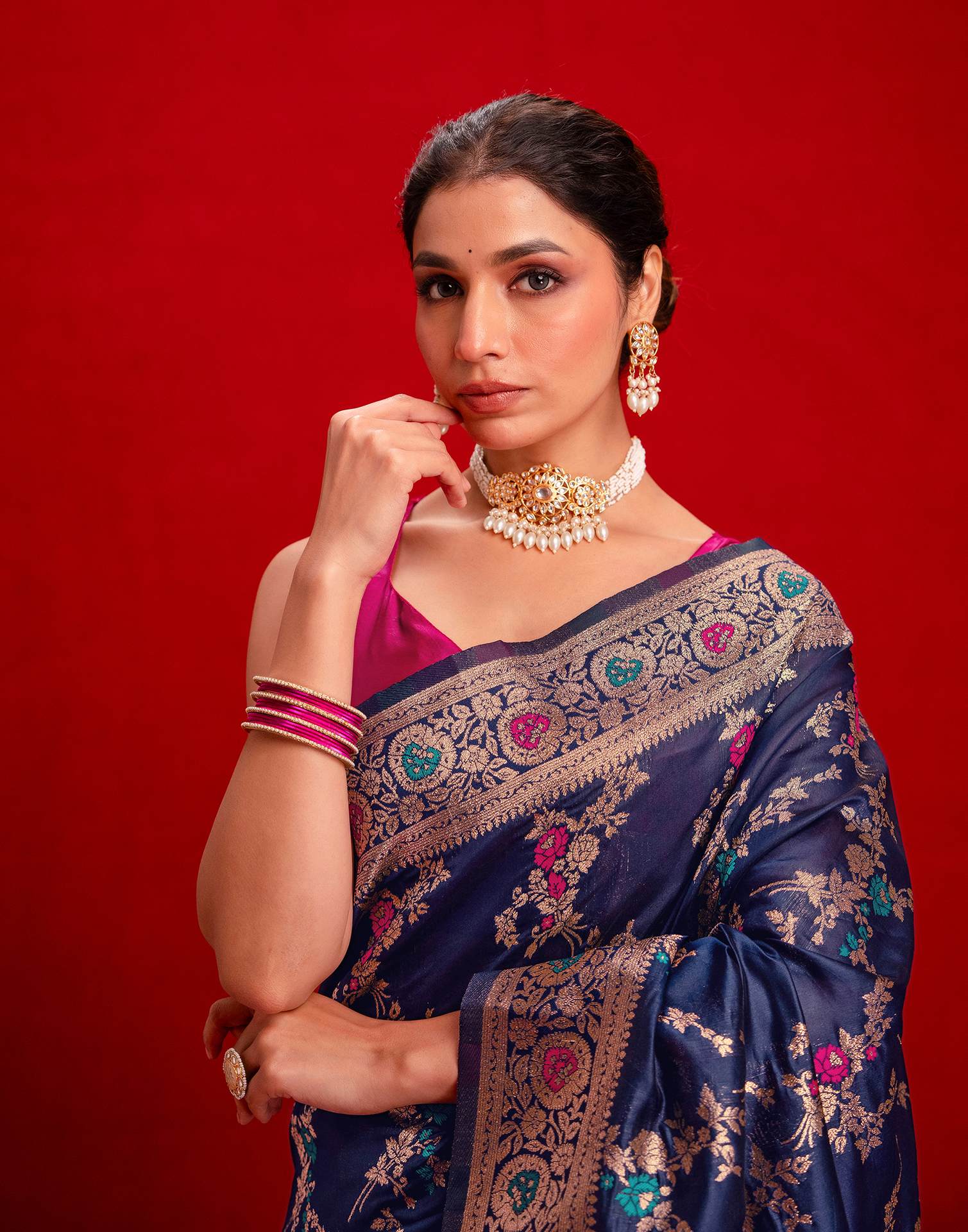 Navy Blue Silk Woven Banarasi Saree