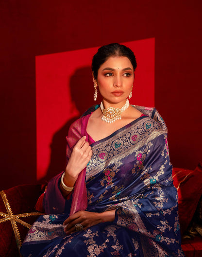 Navy Blue Silk Woven Banarasi Saree