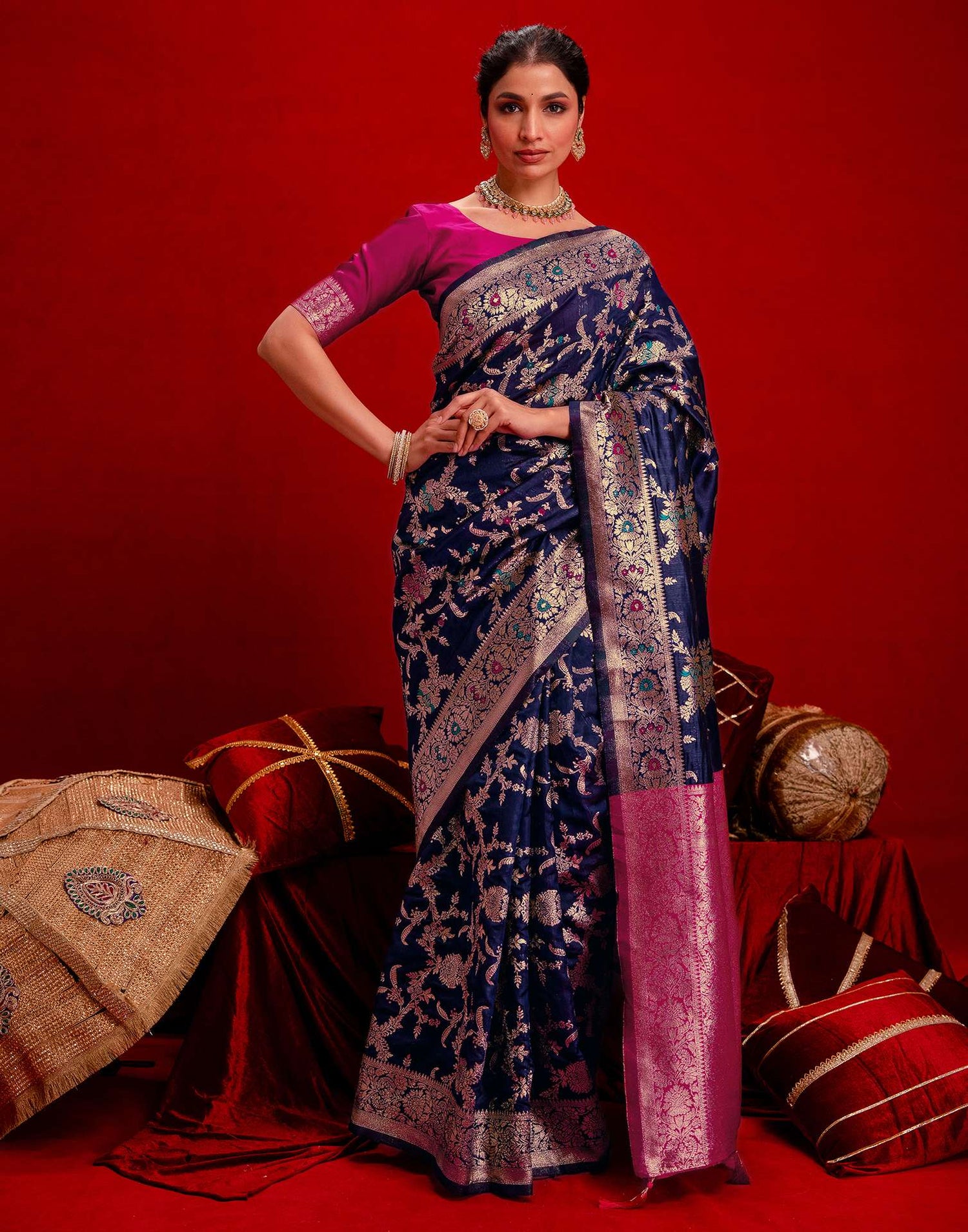 Navy Blue Silk Woven Banarasi Saree