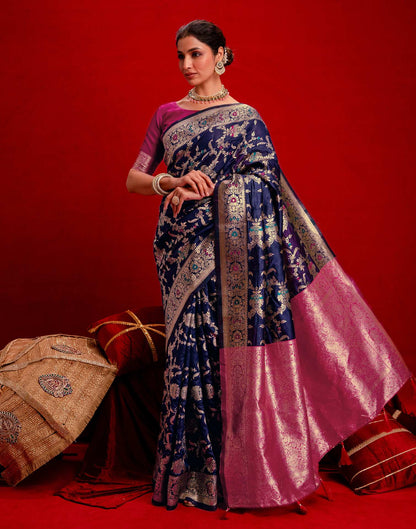 Navy Blue Silk Woven Banarasi Saree