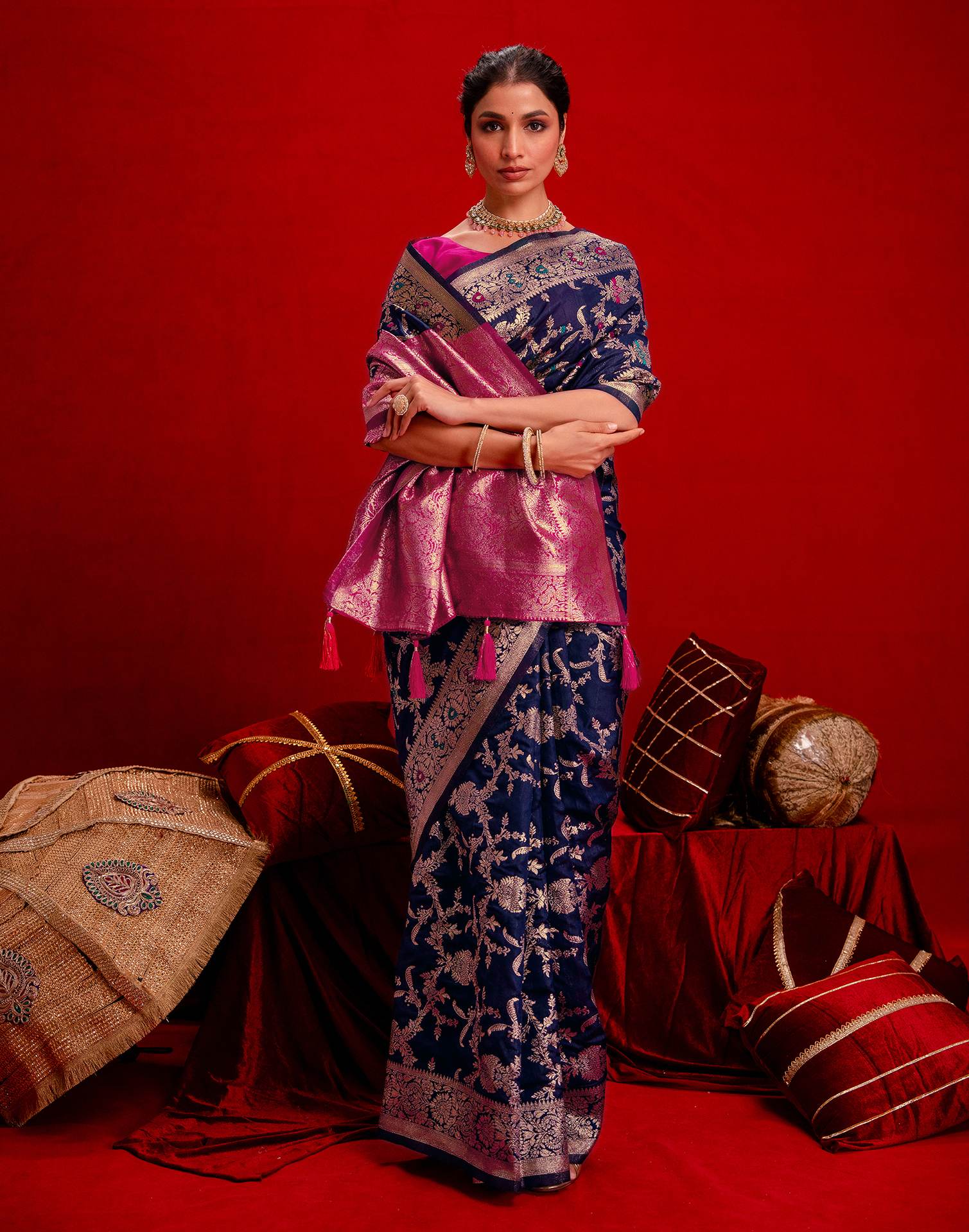 Navy Blue Silk Woven Banarasi Saree