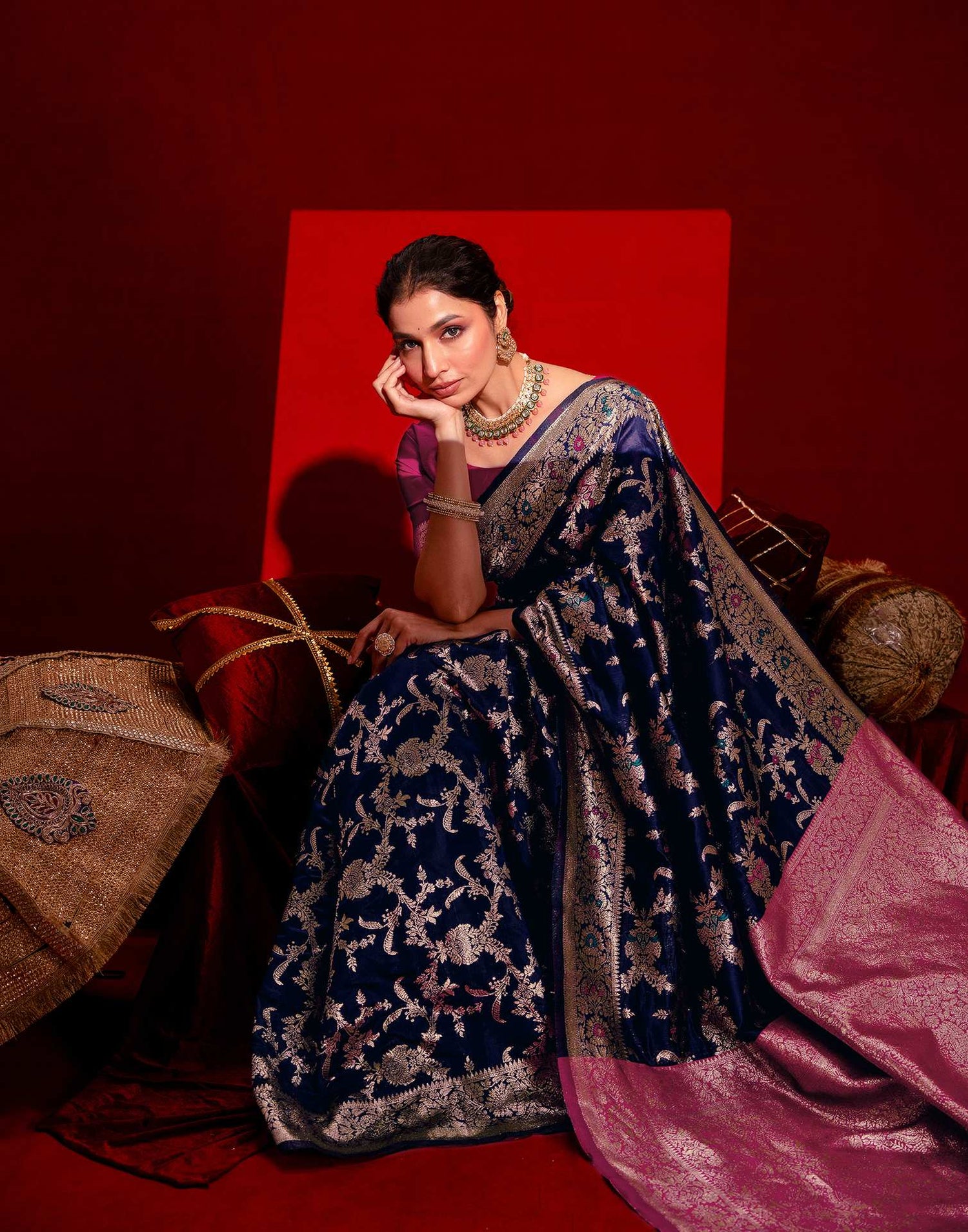 Navy Blue Silk Woven Banarasi Saree