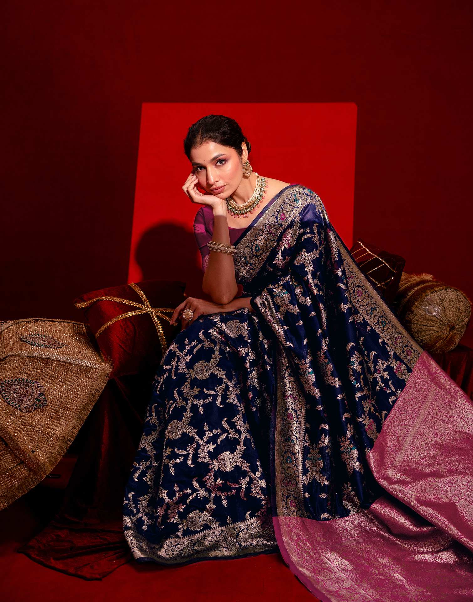 Navy Blue Silk Woven Banarasi Saree