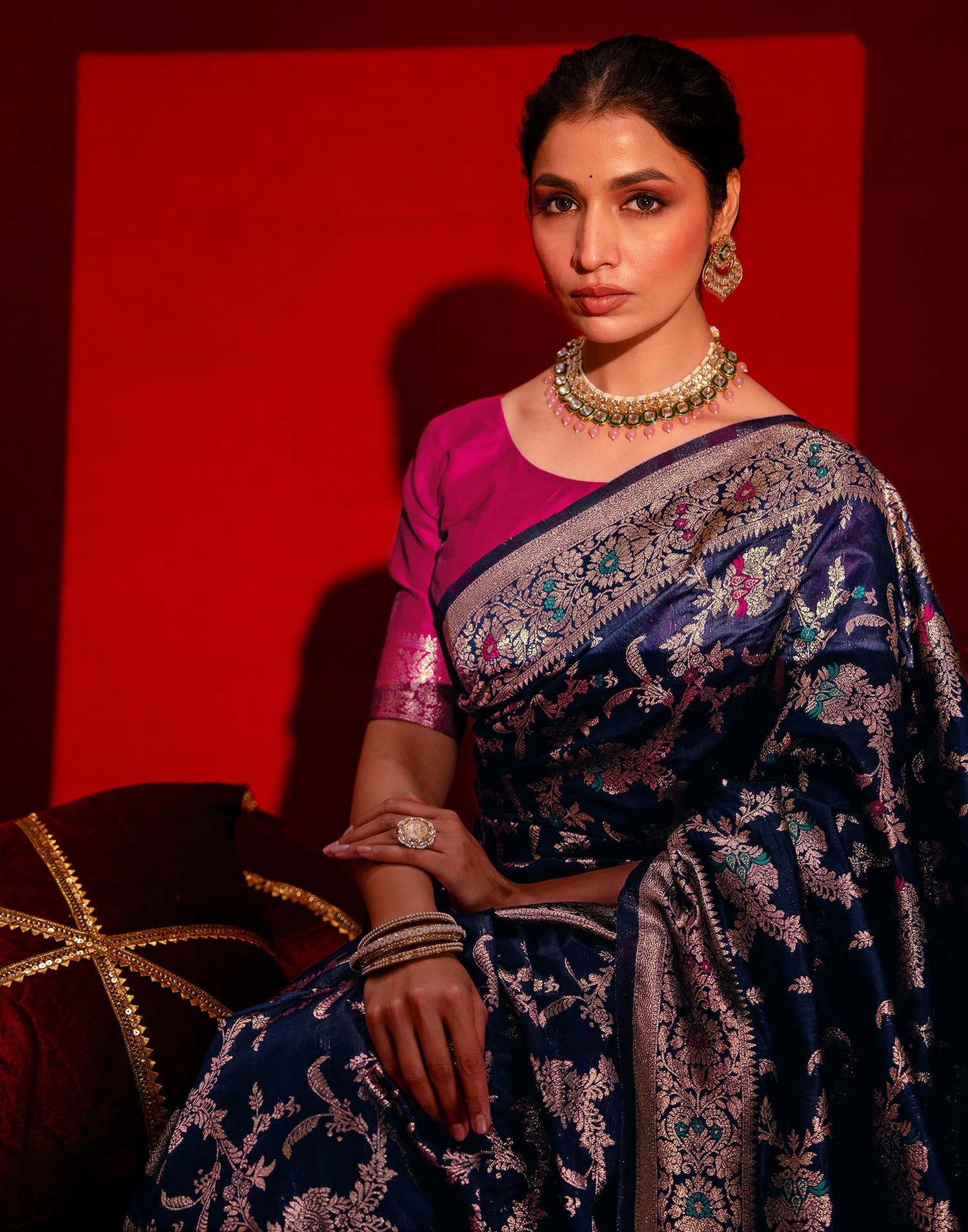 Navy Blue Silk Woven Banarasi Saree