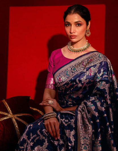 Navy Blue Silk Woven Banarasi Saree