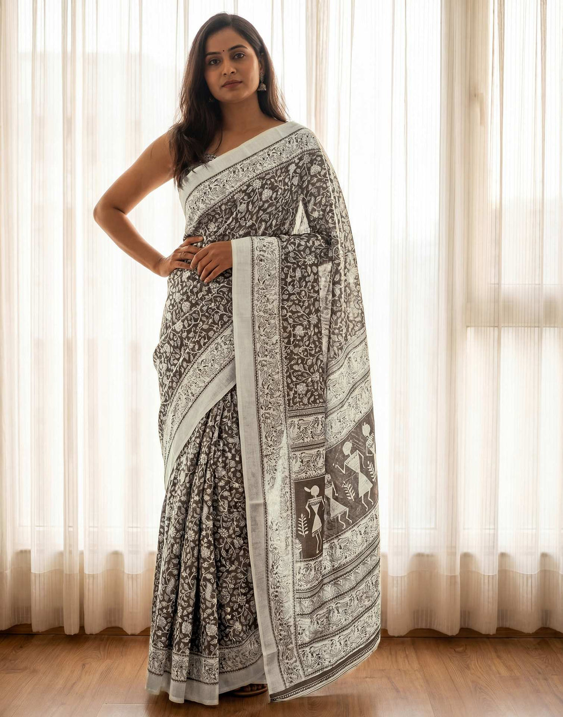 Brown Kota Silk Printed Saree