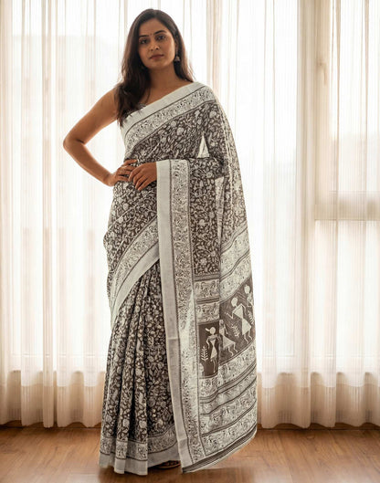Brown Kota Silk Printed Saree