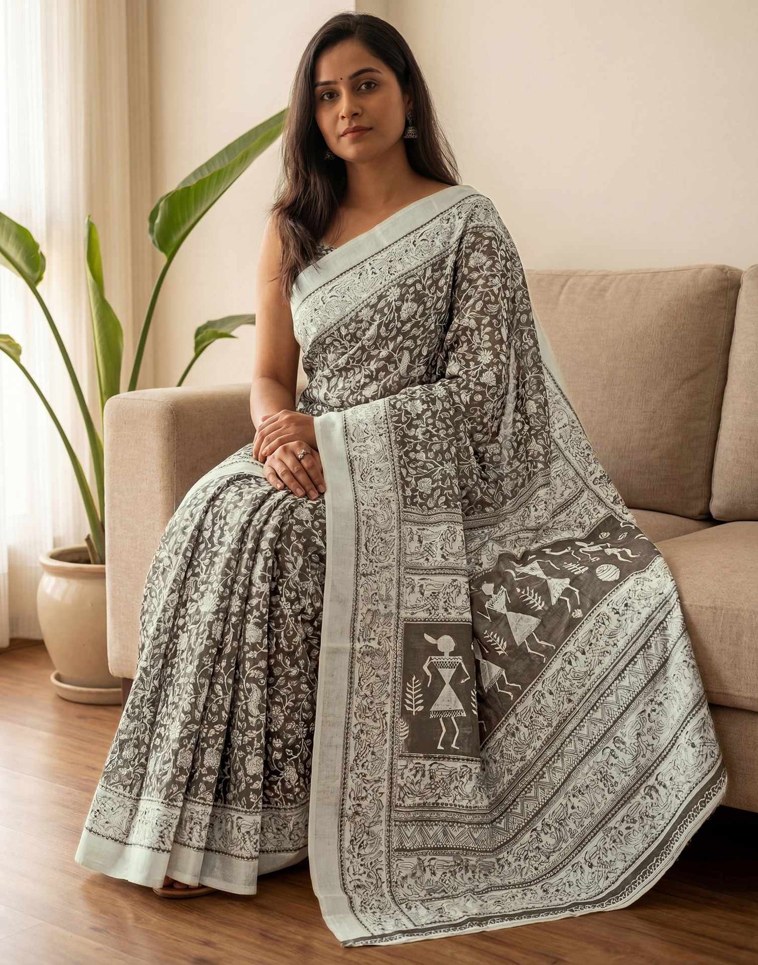 Brown Kota Silk Printed Saree