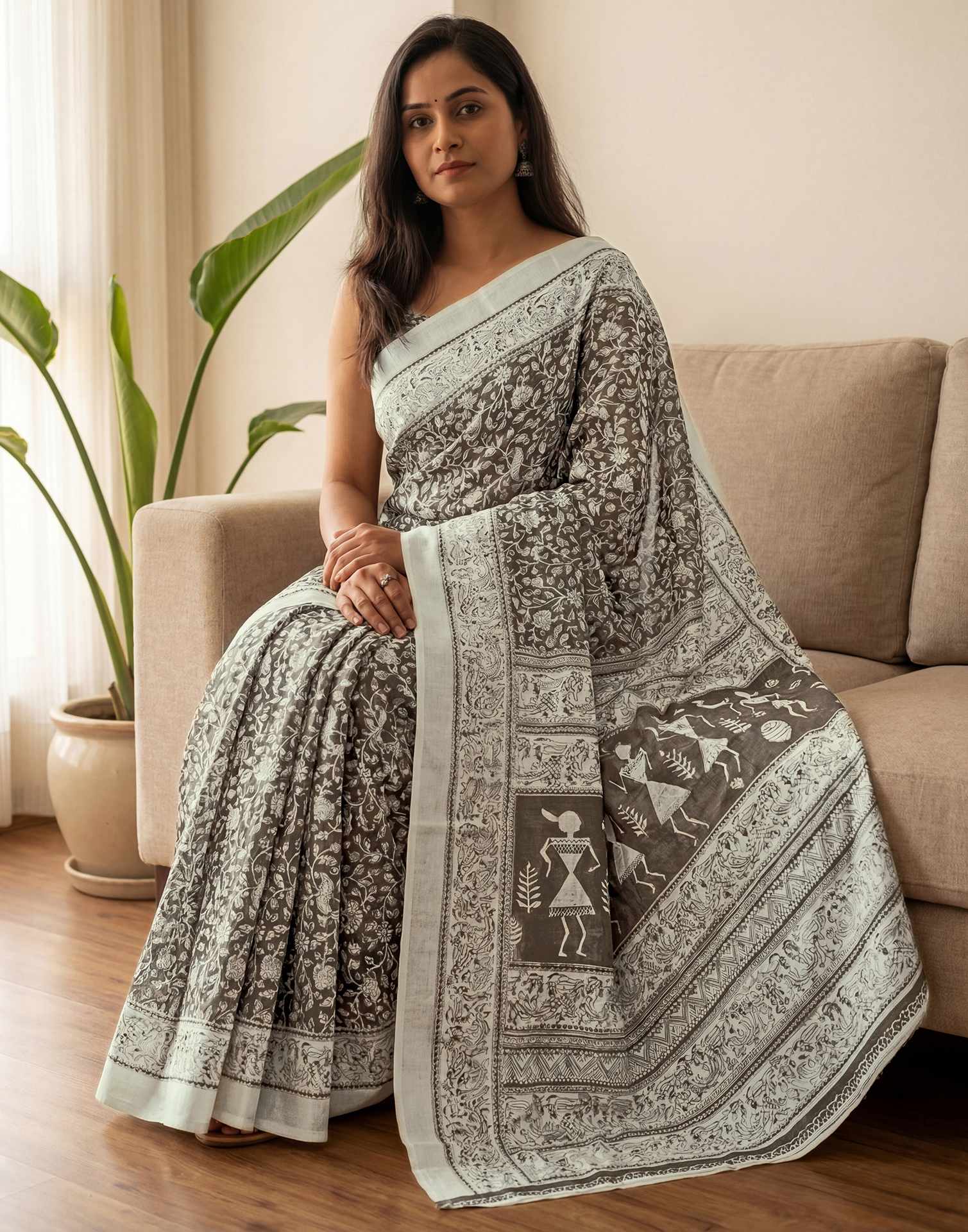 Brown Kota Silk Printed Saree