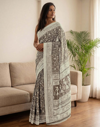 Brown Kota Silk Printed Saree