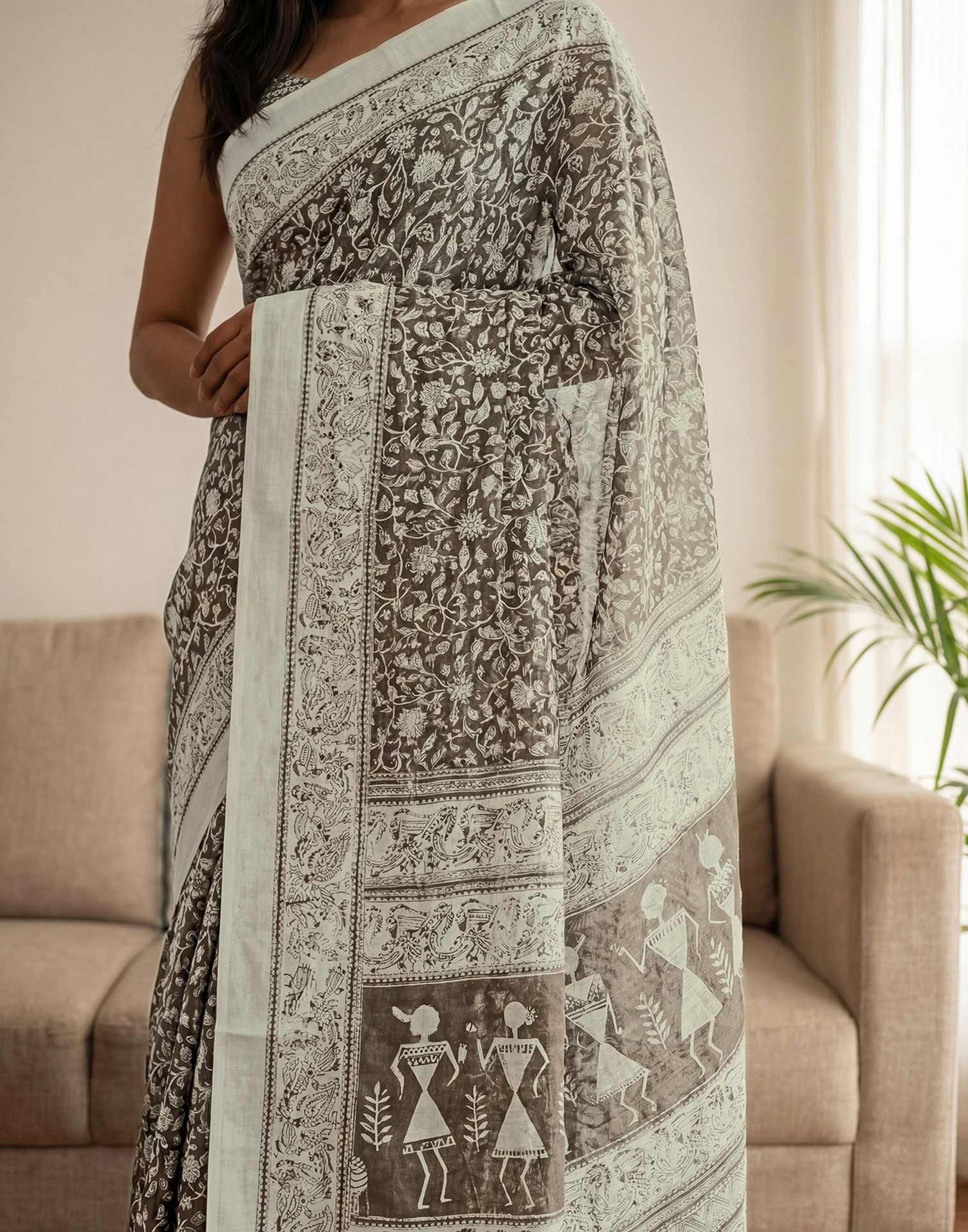 Brown Kota Silk Printed Saree