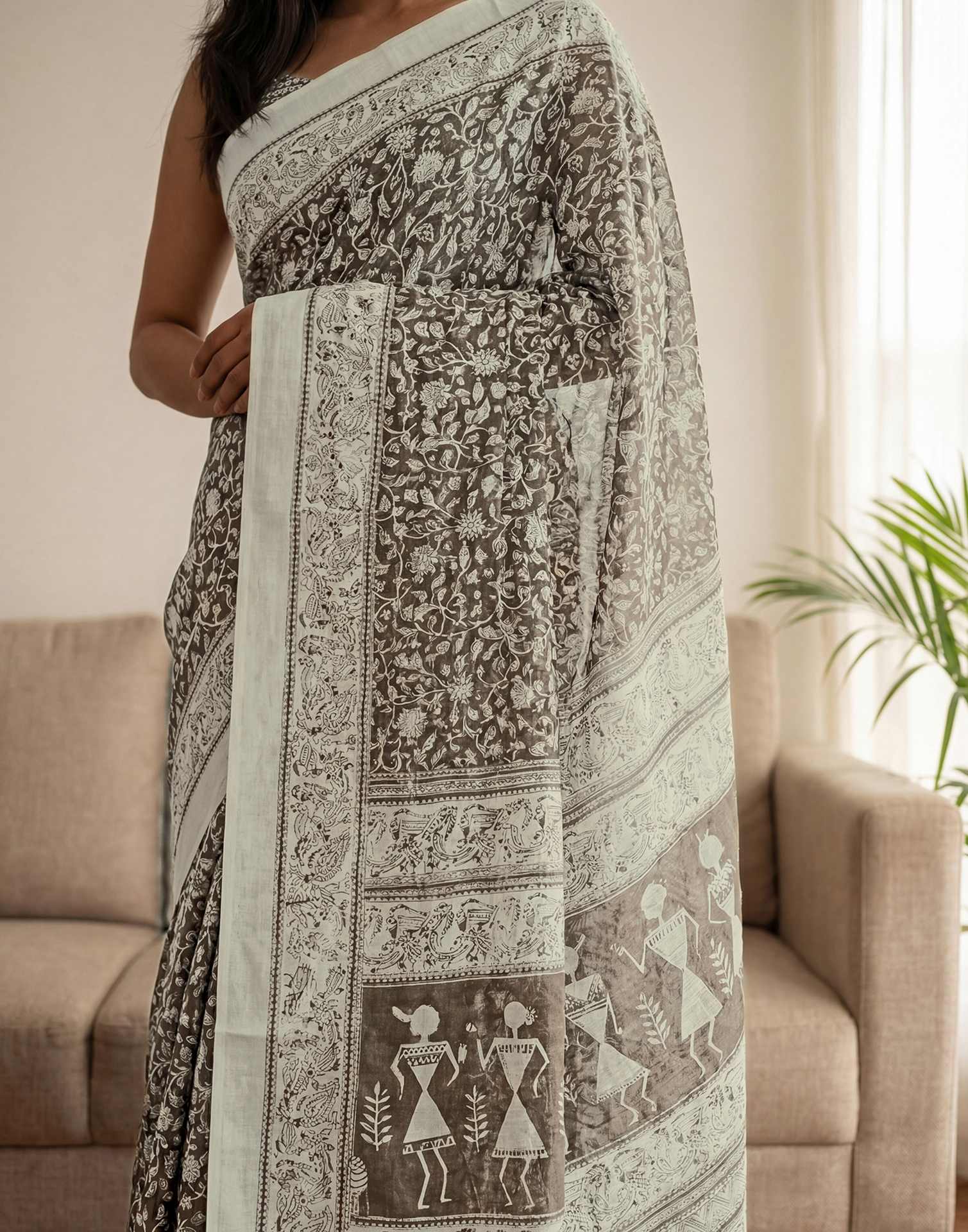 Brown Kota Silk Printed Saree