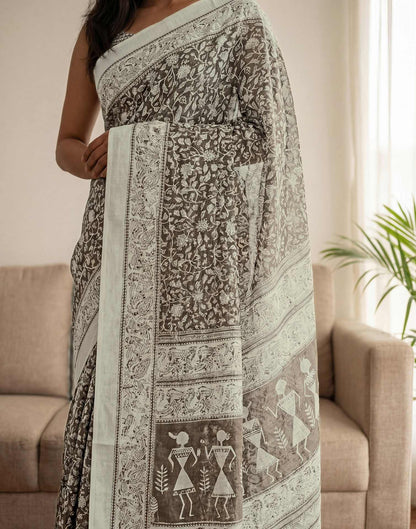 Brown Kota Silk Printed Saree