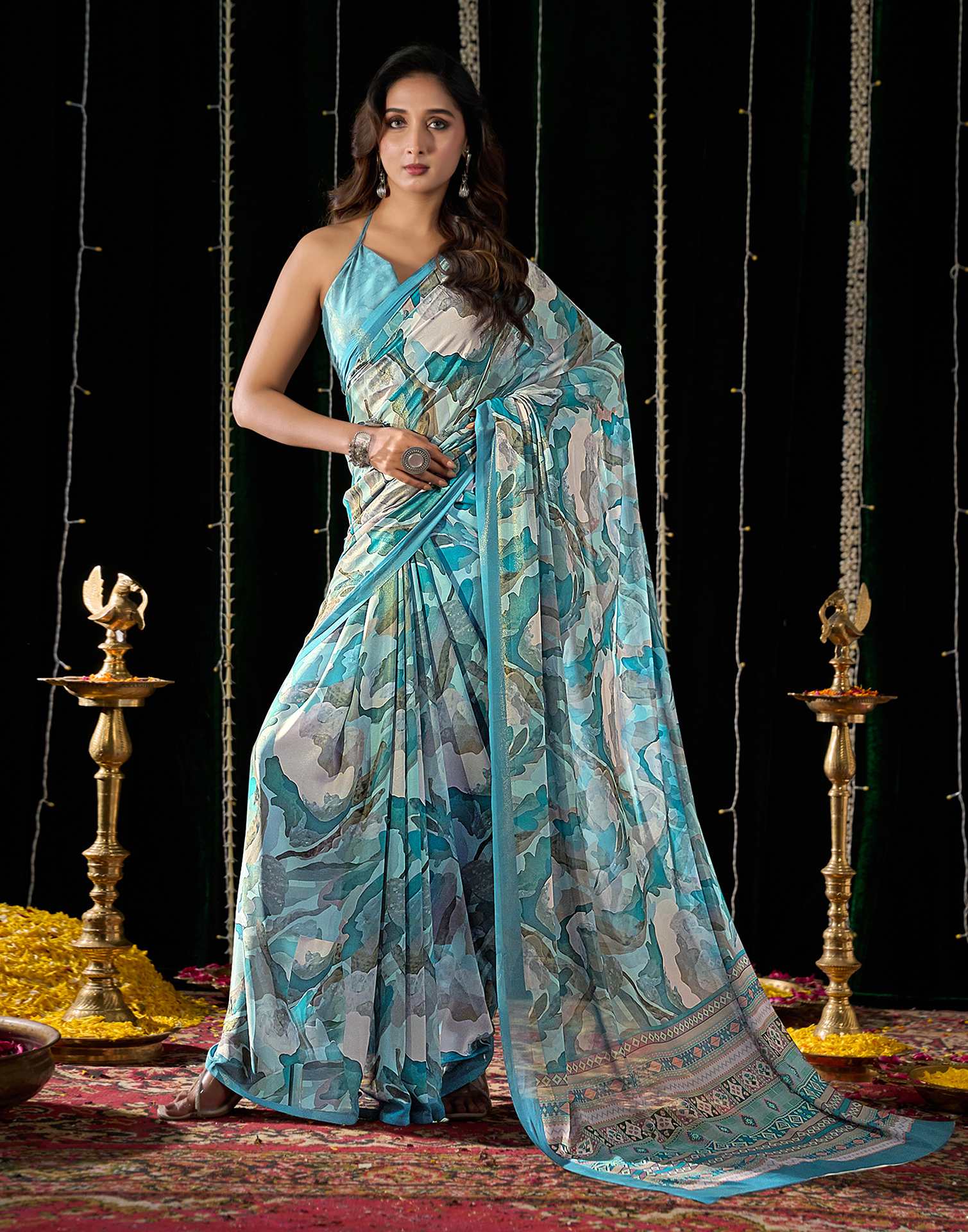 Dusty Blue Georgette Printed Saree