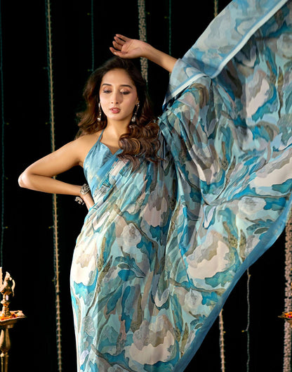 Dusty Blue Georgette Printed Saree
